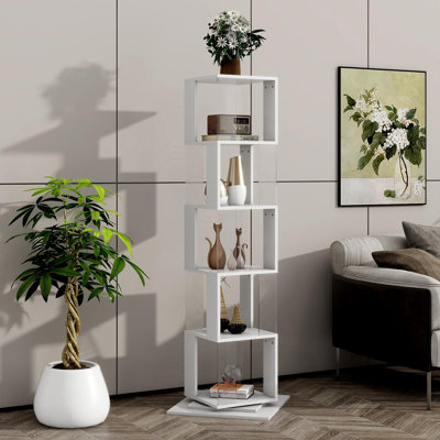 Bibliothèque pivotante à 360 ° avec plaque en acrylique, bibliothèque simple à 5 niveaux, support de plancher, étagère de présentation moderne pour le salon / bureau à domicile / chambre à coucher