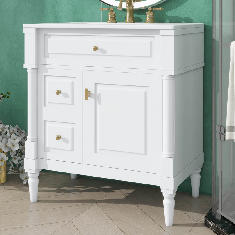 Meuble-lavabo de salle de bain avec lavabo intégré, armoire autoportante avec tiroir rabattable et tablette réglable, Blanc