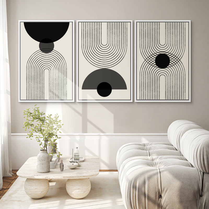 Mid-Century Modern Black And White Minimalist Abstract Home Decor Framed Wall Art Work Canvas Print, 36" H x 24" W, White