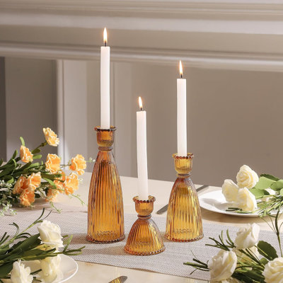 Set of 3 Ribbed Glass Taper Candle Holders, Vertical Striped Candlesticks for Wedding Table Centerpiece & Home Decor