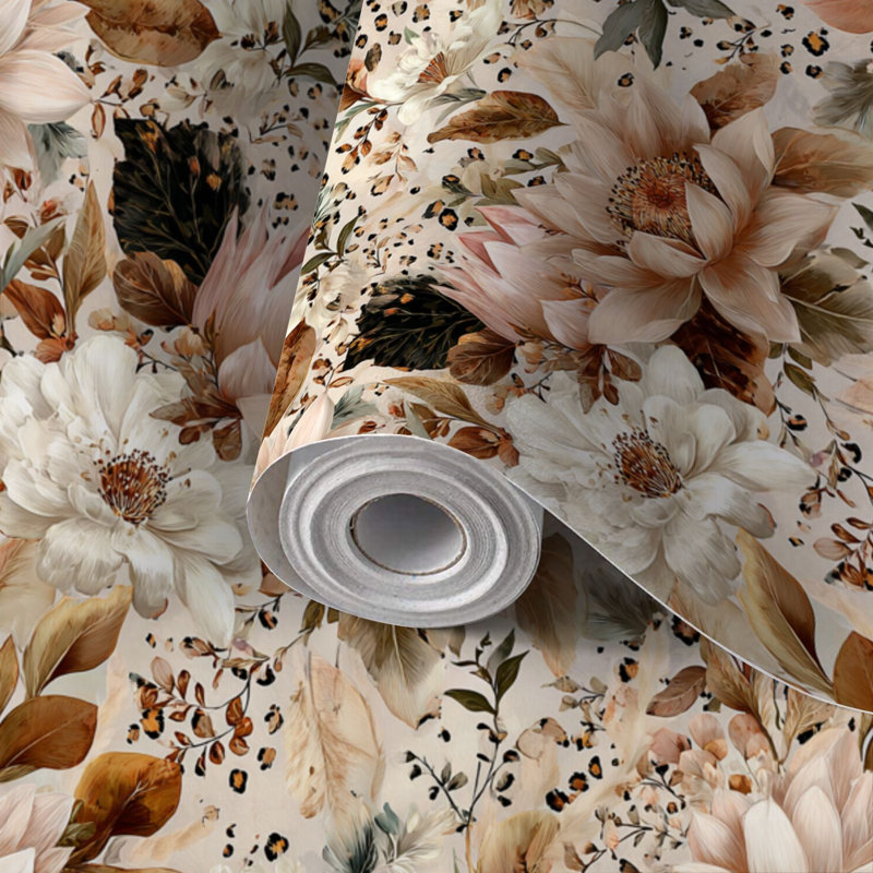 Papier peint adhésif peler et coller en PVC, revêtement mural auto-adhésif amovible avec imprimé floral léopard aquarelle, imperméable pour la décoration intérieure - Rouleau