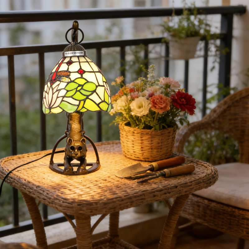 15.4"H Whimsical Cat Dragonfly Stained Glass Table Lamp With Cat Base