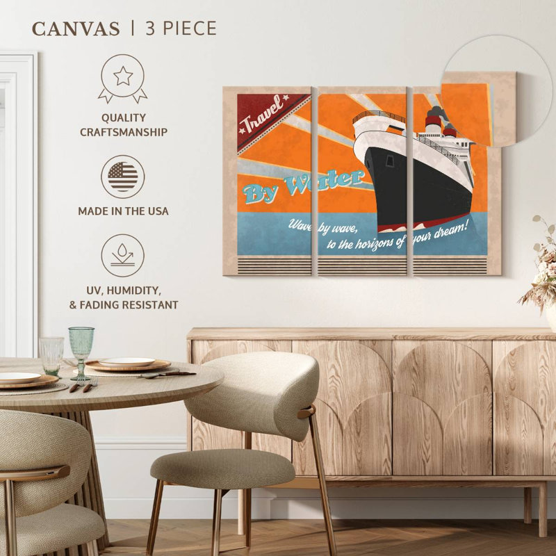 Croisière, voyage, impression sur toile de 3 pièces par Retro Revival, H 32 po x l 50 po x P 1,25 po