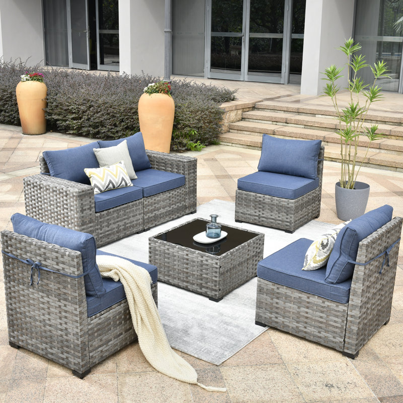Dikembe 5 - Person Patio Conversation Set with Cushions, Denim Blue