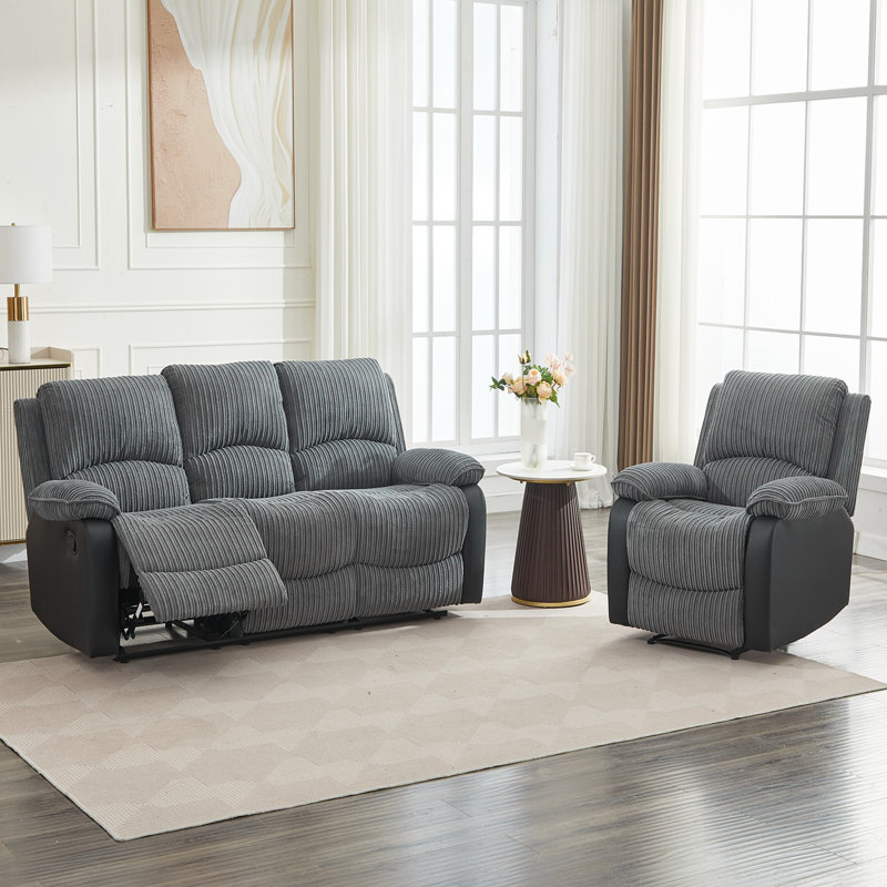 Reclining Sofa Sectional Recliner Plush Corduroy Couches Set Sofa, Manual - Push Button