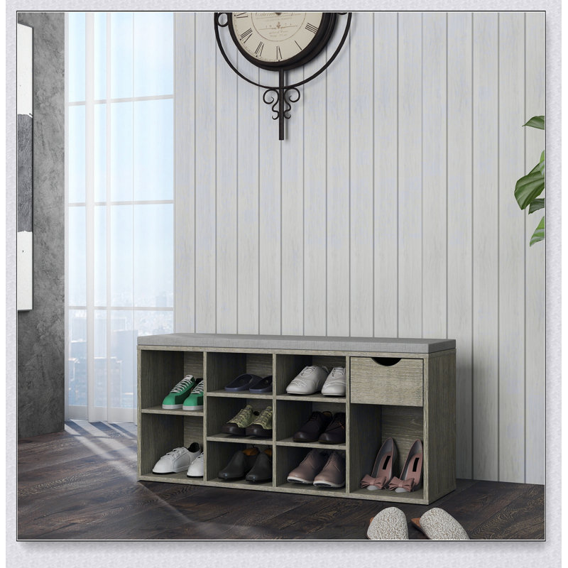 Banc de rangement multifonctionnel pour hall d'entrée avec coussin rembourré, tiroir et compartiments ouverts pour chaussures et accessoires