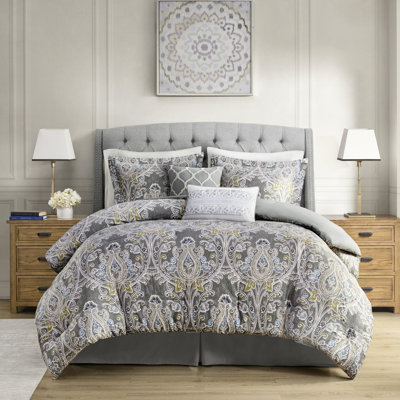 Édredon 6 pièces en coton pour très grand lit - Gris avec jupe de lit 100%