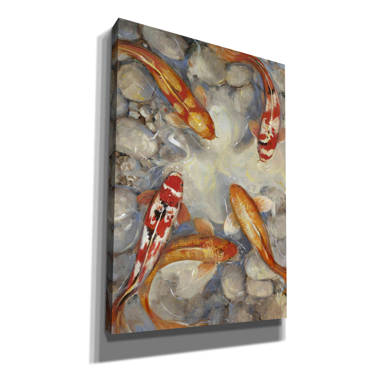 Bless international  Two Koi Fish. Red Spots In Transparant Blue Water   Painting on Canvas