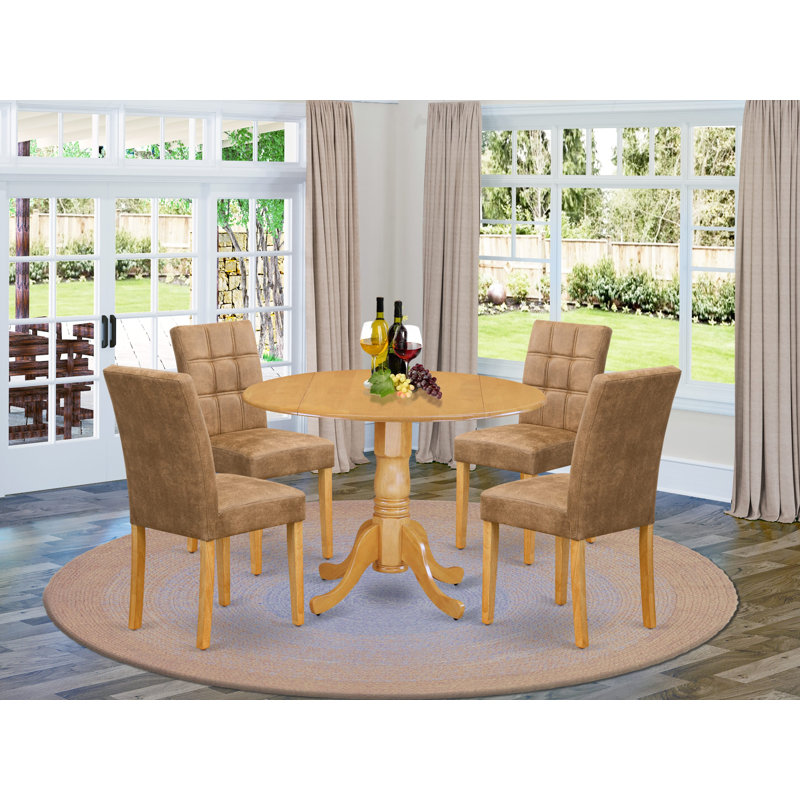 5 Piece Kitchen Table Set contain A Mid Century Dining Table and 4 Brown Textured Polyester Fabric Upholstered Dining Chairs, Oak