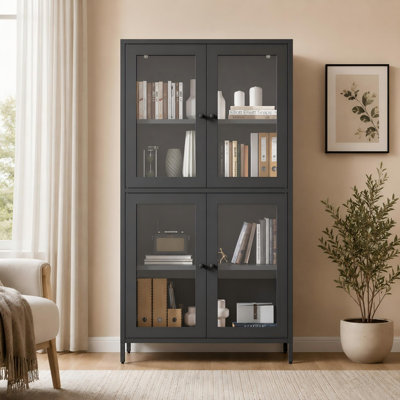 Bibliothèque classique noire avec quatre portes en verre et des tablettes réglables avec bibliothèque à cadre en acier d'une largeur de 3000 pouces pour le salon et le bureau à domicile
