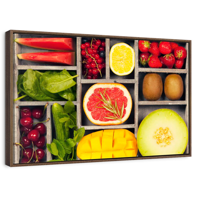 Bento légumes et fruits, 37 po x 25 po, Cadre flottant en noyer