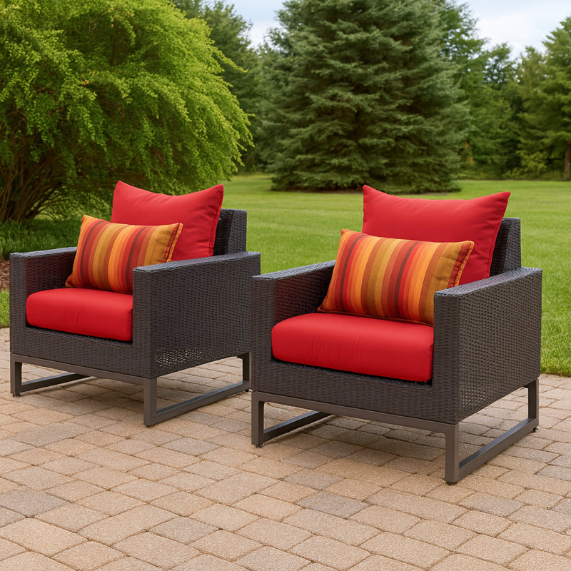 Sameko 2Pc Sunbrella Outdoor Club Chairs, Brown, Red