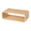Table basse rectangulaire minimaliste en bois naturel clair aux lignes courbes, avec rangement ouvert à 2 niveaux, profil bas, idéale pour un salon moderne.