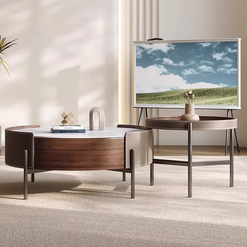 Saddle leather rock slab creative tea table, Brown/White