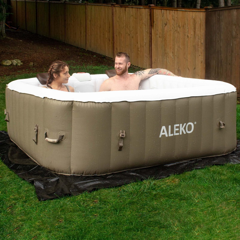 Brown and White 6-Person Square Inflatable Hot Tub Spa with Cover