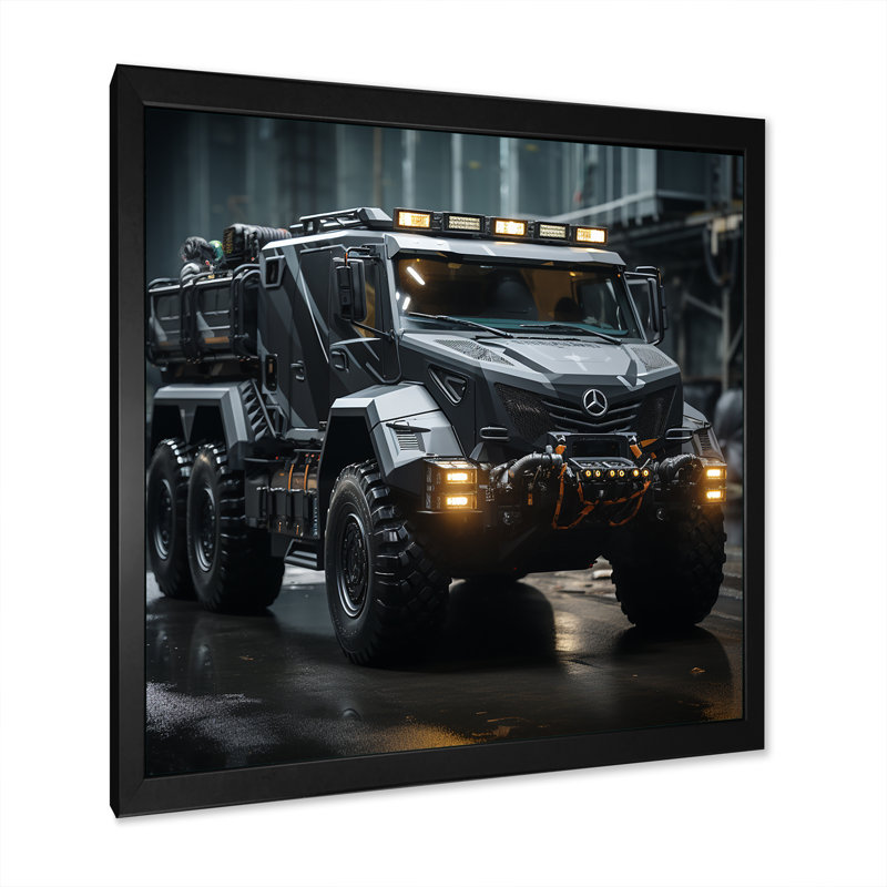 Au noir, camion militaire sur toile, Cadre simple noir, H 16 po x l 16 po x P 1 po