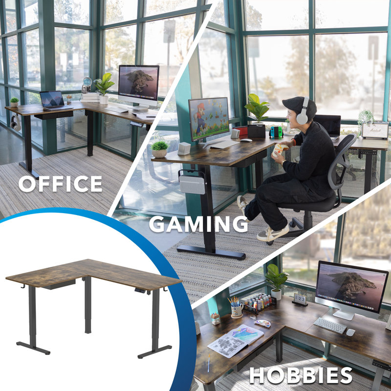 Rustic Brown L-Shaped Electric Adjustable Standing Desk with Drawer