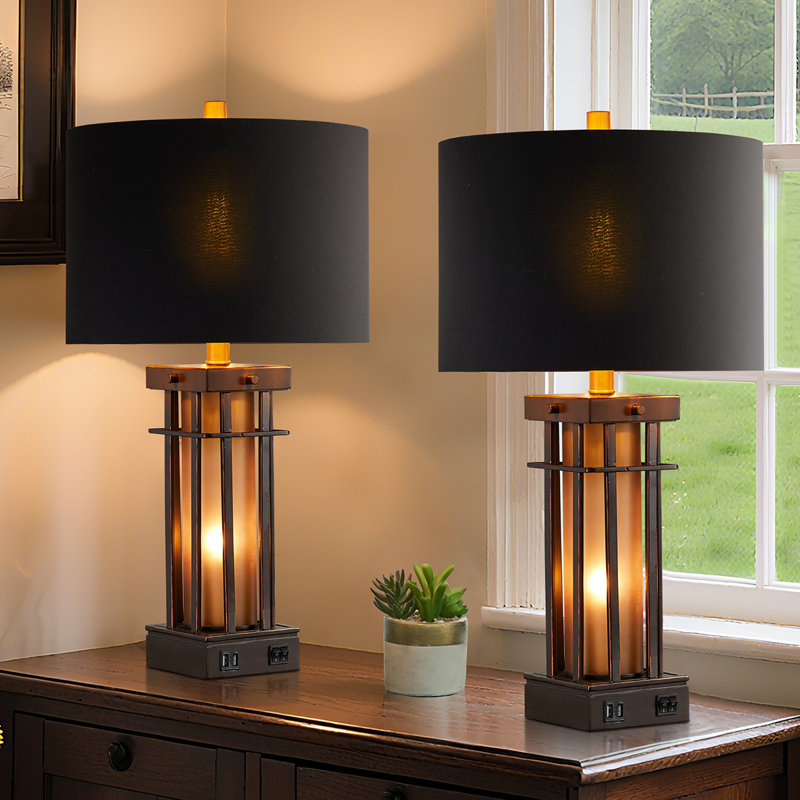 25" Jacolbi Table Lamp set With Dual USB Ports And Night Light (set of 2), Brown (with Black Shade)​