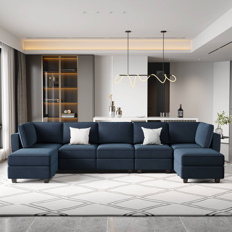 Ridoy 7-Pieces Large Velvet Upholstered Sectional Modular Variable Sofa & Chaise with Storage, Blue Velvet