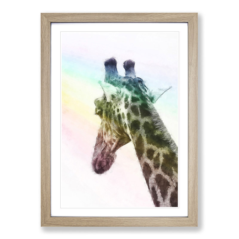 Giraffe Facing the Rainbow - Picture Frame Painting Print, 87cm H x 62cm W x 2cm D, Oak Framed