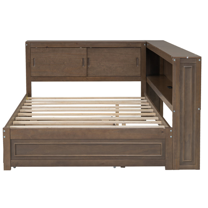 Daybed With Storage Shelves, Usb, Led, And Trundle, Antique Wood