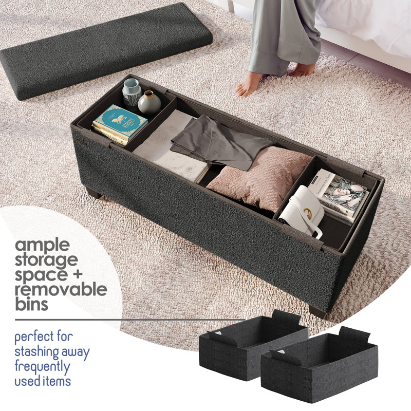 Vérrant Boucle Storage Ottoman Bench, Black, 15"H x 43"W x 15"D