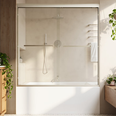Porte de douche coulissante double l 60 po x H 60 po avec porte coulissante et cadre en verre trempé et en verre trempé, nickel brossé