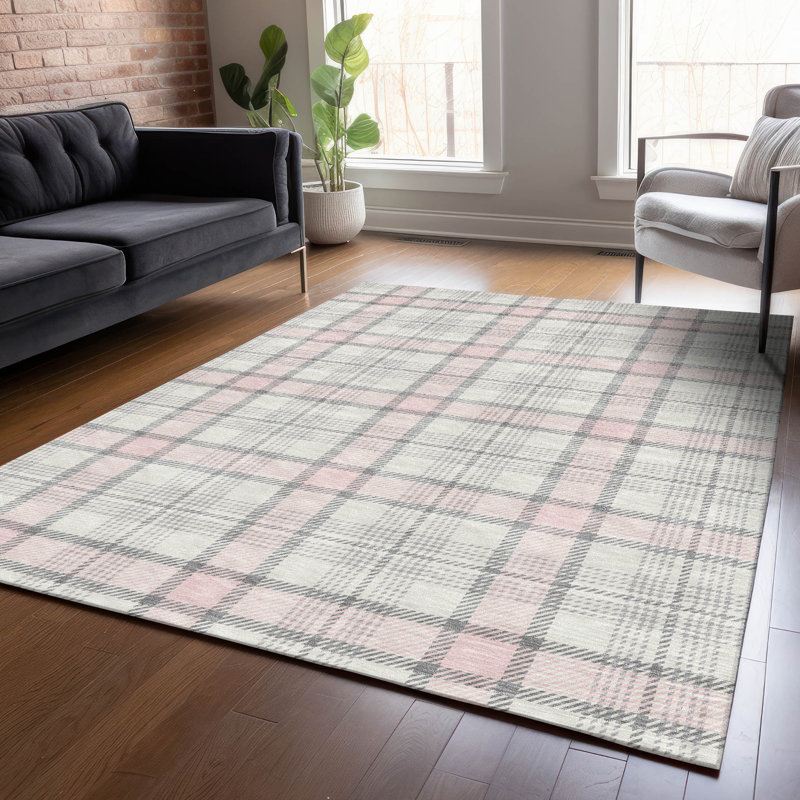 Pink and Gray Plaid Washable Synthetic Rug, 3' x 5'