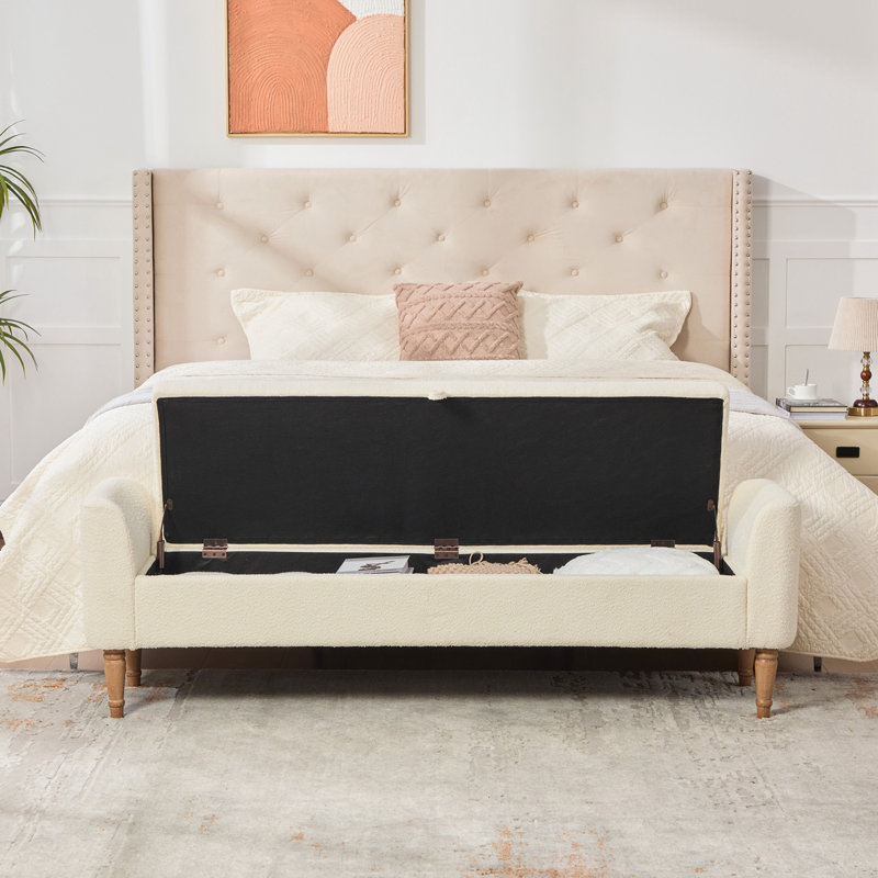 Banc rembourré avec accoudoirs et 2 traversins, Beige