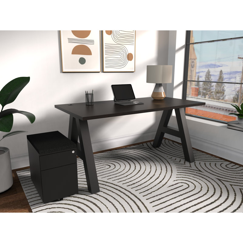 Serenity Modern A-Frame Executive Writing Office Desk, with Cushion Top Mobile Storage, 60x30, Espresso Top, Espresso