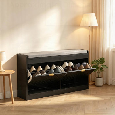 Narrow Upholstered Entryway Storage Bench with 2 Flip Drawers, 2 Vents, and Space for 8 Pairs of Shoes, Perfect for Organized and Stylish Homes.