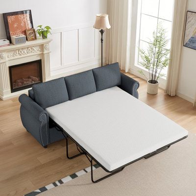 Queen Size Pull Out Sofa Bed, 3 in 1 Linen Convertible 3-Seater Sleeper Sofa Bed with Memory Form Mattress, Pull Out Couch with Nailhead Trim & Roll Arms for Living Room, Bedroom, Small Space
