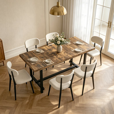 Ensemble de salle à manger industriel 7 pièces pour 6 personnes, grande table de cuisine de 180 cm (70,9 po) avec 6 chaises rembourrées à dossier incurvé