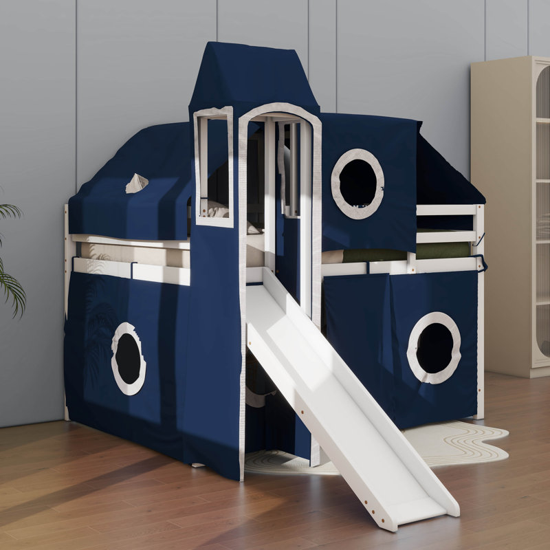 Lit mezzanine confortable avec tour amusante et tente de charme, Double, Bleu