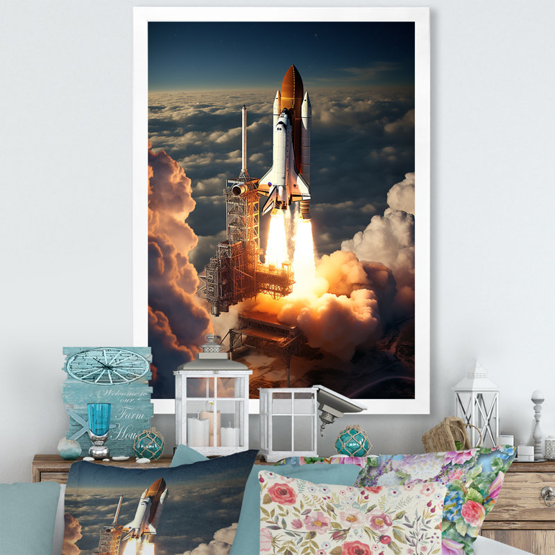 " Space Shuttle Launch III ", 20" H x 12" W x 1" D, White Picture Framed
