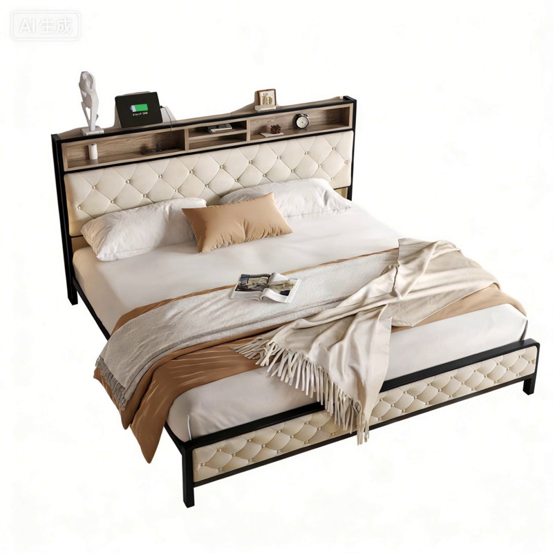 Structure de lit très grand avec station de charge, tête de lit rembourrée et lattes en métal pour le soutien du matelas, aucun sommier tapissier requis, beige
