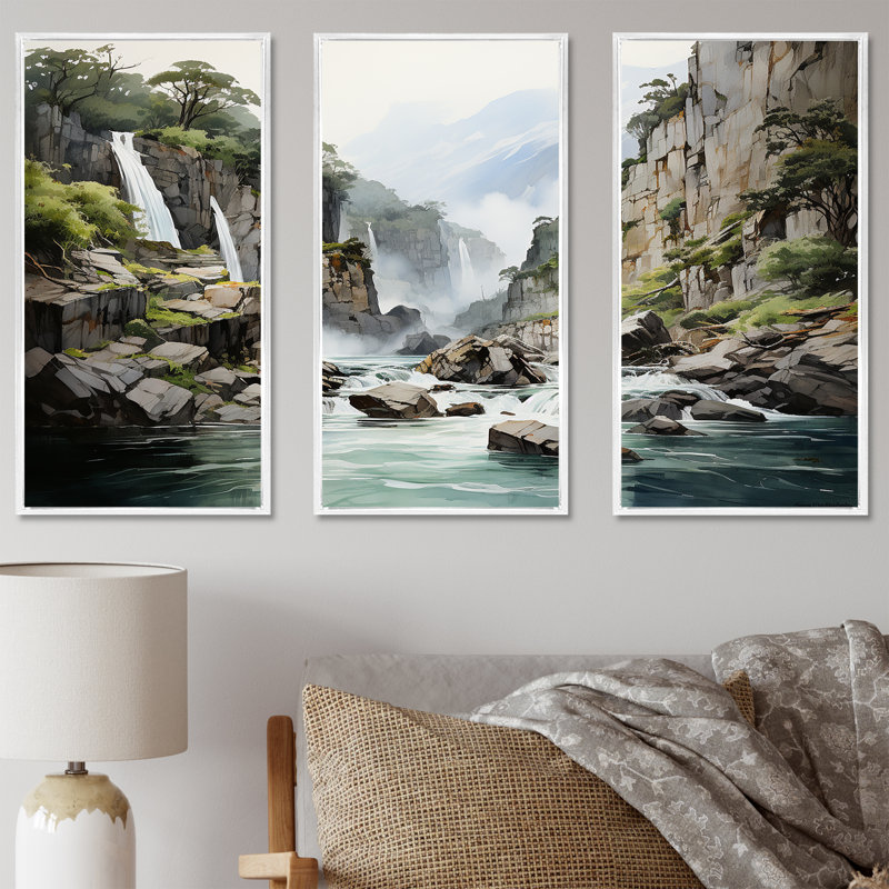 «Waterfall Cliff Scenery Magic III - Waterfall», ensemble d'art mural, H 40 po x l 60 po x P 1 po, Cadre flottant blanc