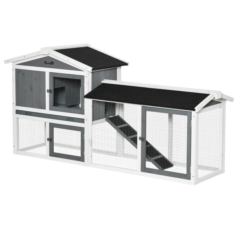 Rabbit Hutch 2-Tier Wooden Animal House with Run Box Ramp White