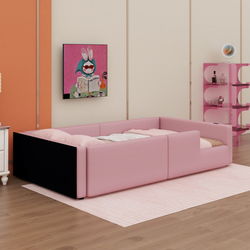 Lit plateforme simple tapissier en tissu avec barrière de sécurité et port de charge intégré