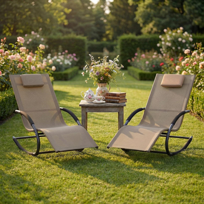 Méridienne d'extérieur à bascule 2 pièces en tissu respirant Textilene, chaise longue avec coussin, capacité de 300 lb, facile à assembler