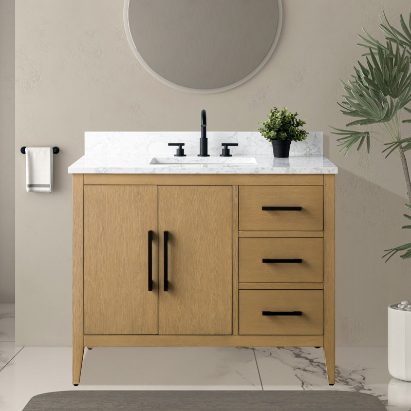 Chambery 42" Single Sink Bathroom Vanity with Engineered Marble Top, Matte Black, Natural Oak