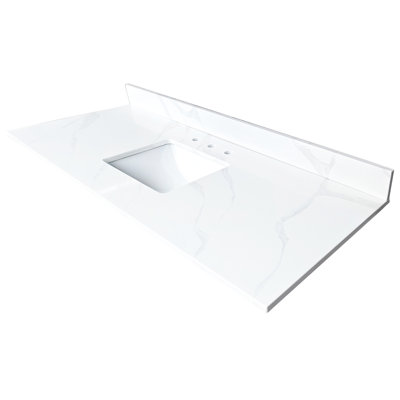 Dessus de meuble-lavabo à quartz 61 po antitaches et résistant à la chaleur pour la salle de bain, lavabo sous-comptoir simple, 4 dosserets, 3 trous de robinet pré-percés, solution de salle de bain luxueuse avec bol haut blanc, excellent remodelage