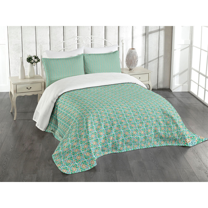 Teal and White Floral Moroccan King Bedspread Set
