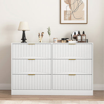 Modern 6-Drawer Dresser, Chest of Drawers for Bedroom, Living Room, Hallway, and Entryway - Large Storage Cabinet, White,Drawer panel with wavy patter