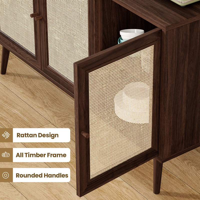 Minimalist 47.2'' Modern Sideboard Buffet Cabinet With 3 Rattan Doors, Walnut