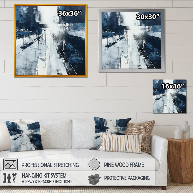 Paysage urbain noir et blanc, route V, art mural, salon, Cadre flottant blanc, H 30 po x l 30 po x P 1 po