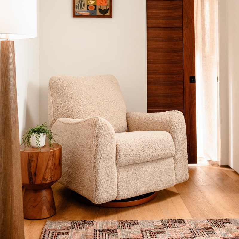 Sunday Power Recliner and Swivel Glider, Beige Sherpa, Dark Wood