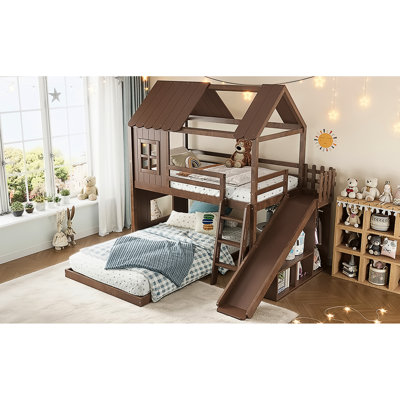 Lit superposé profond au-dessus de la maison double, glissade et rangement, maisonnette pour l'organisation de la chambre à coucher