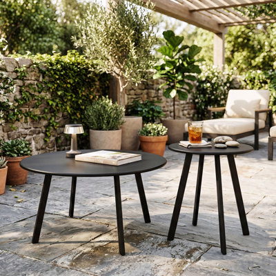 Ensemble de 2 tables basses gigognes rondes, tables d'appoint et de bout modernes en métal noir, ensemble de tables d'appoint peu encombrantes pour le salon, la chambre à coucher, le balcon, le patio, l'intérieur et l'extérieur