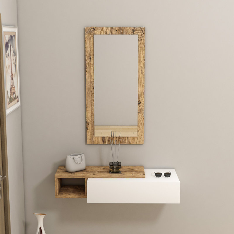 Modern Sideboard with Mirror, Atlantic Pine & White, 32.3 x 6.2 x 11.6 Inches | 100% Melamine Coated Particle Board, Includes Multiple Shelves & Wall-Mounting Option | Scandinavian Design for Stylish Storage Solutions